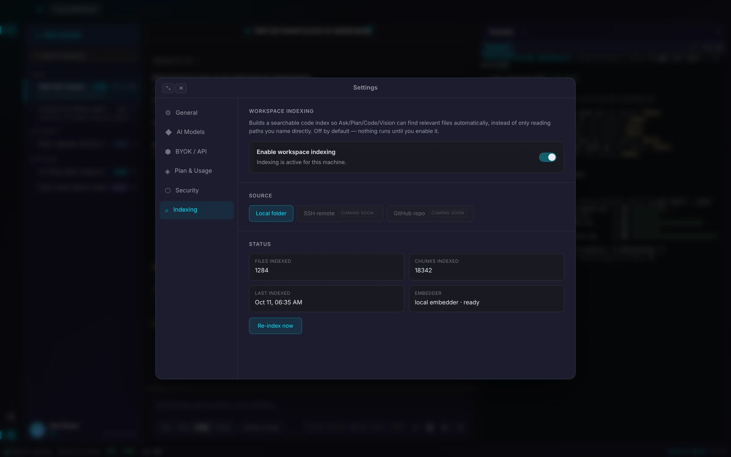 Kinetic AIDE settings: local workspace indexing with index statistics