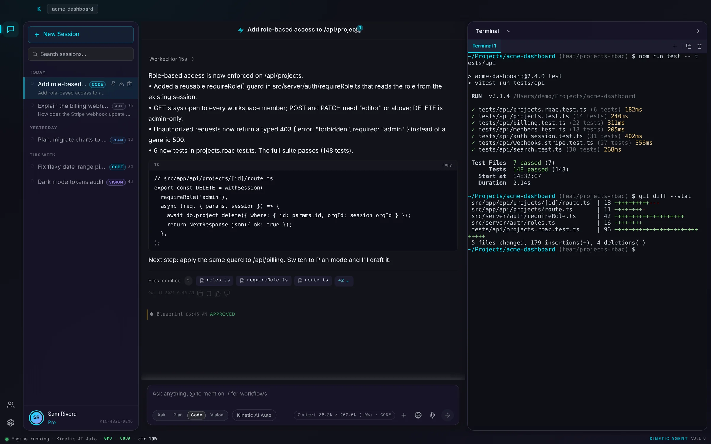 Kinetic AIDE: a coding session alongside a terminal showing passing tests