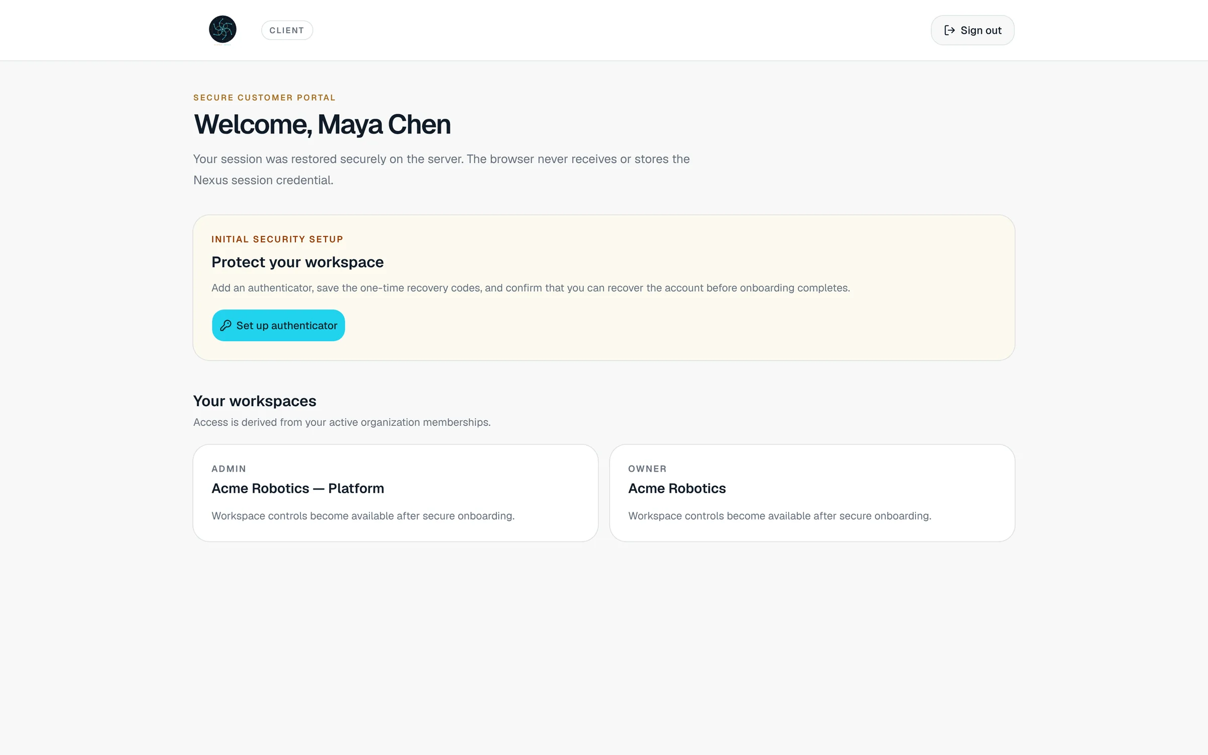 Nexus Cloud workspace portal: welcome screen with security setup and workspaces