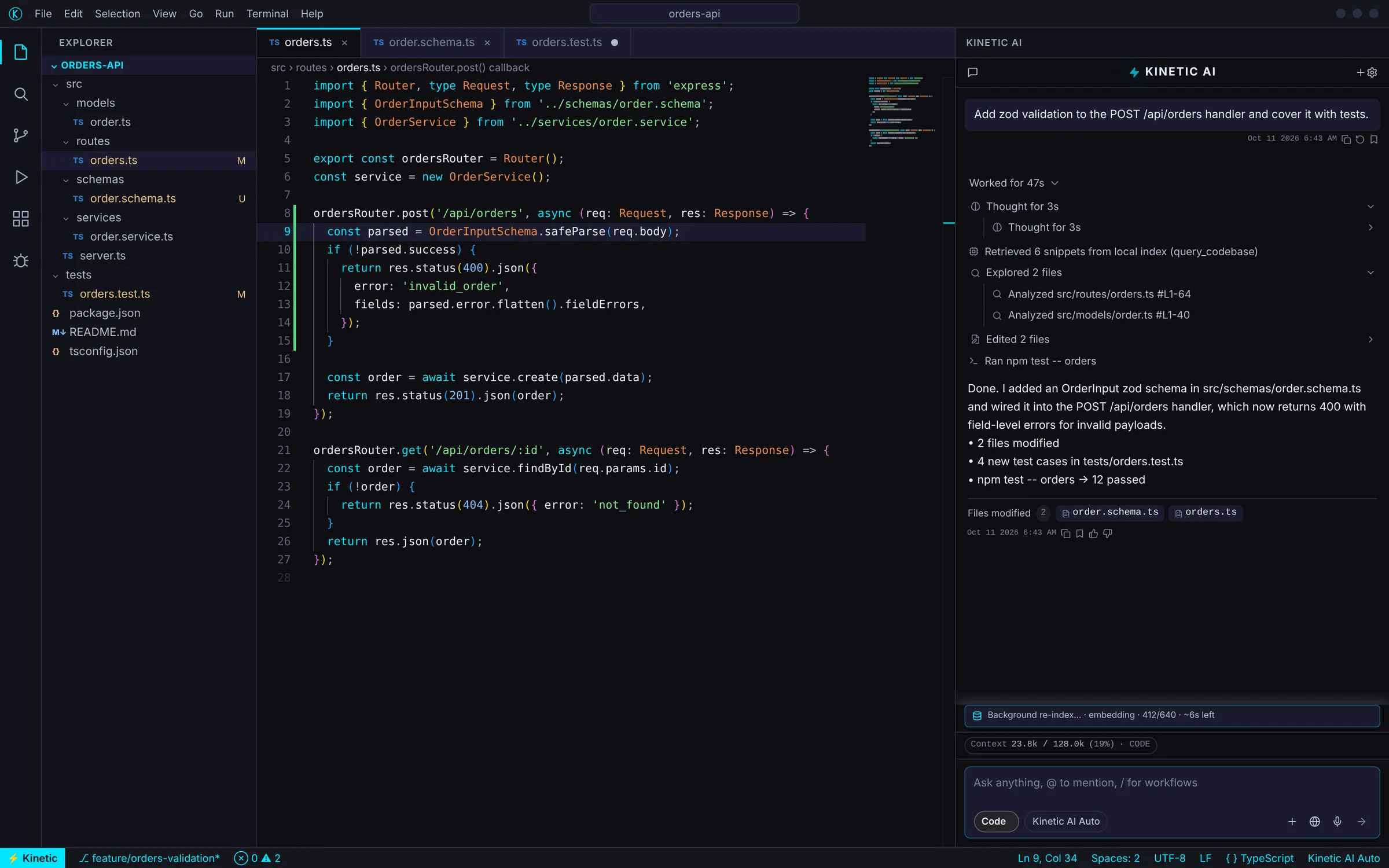 Kinetic IDE: an orders API in the editor, with the Kinetic AI panel summarising a finished task — files explored, edited and tests run