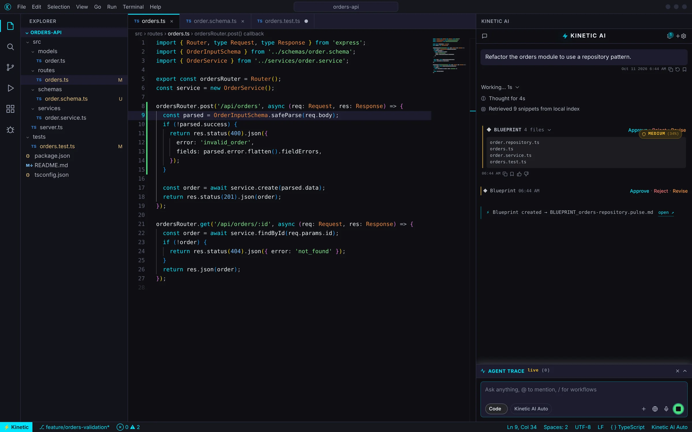 Kinetic IDE showing a Blueprint awaiting approval, with the files it will touch