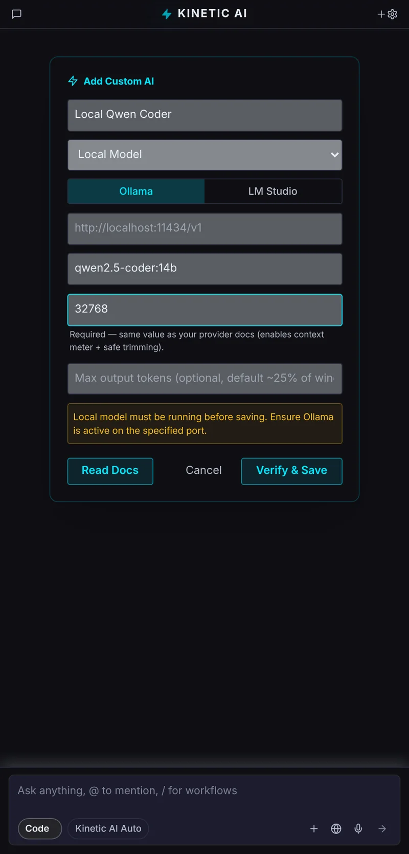 Kinetic IDE Add Custom AI panel configured for a local Ollama model