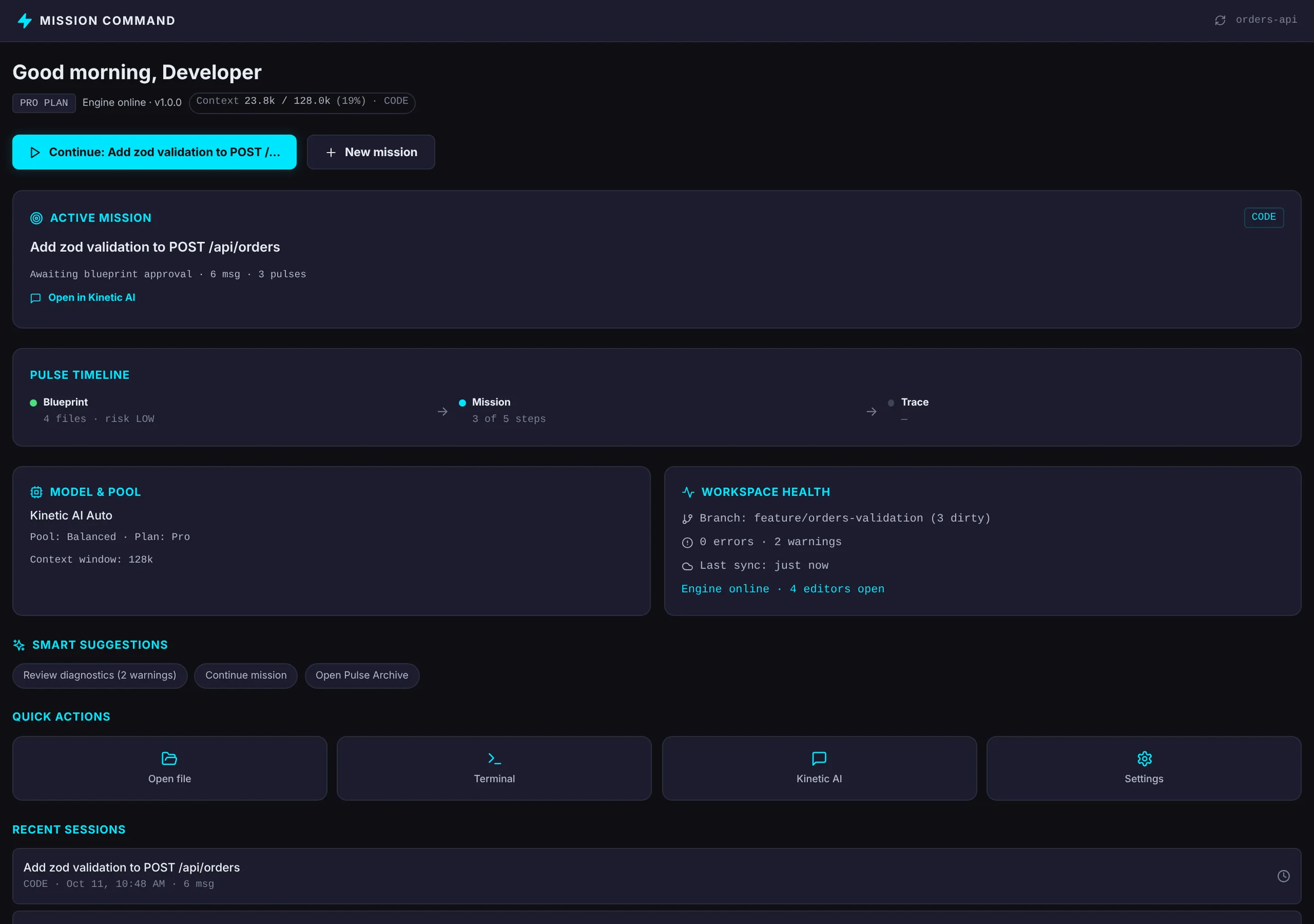 Kinetic IDE Mission Command home tab
